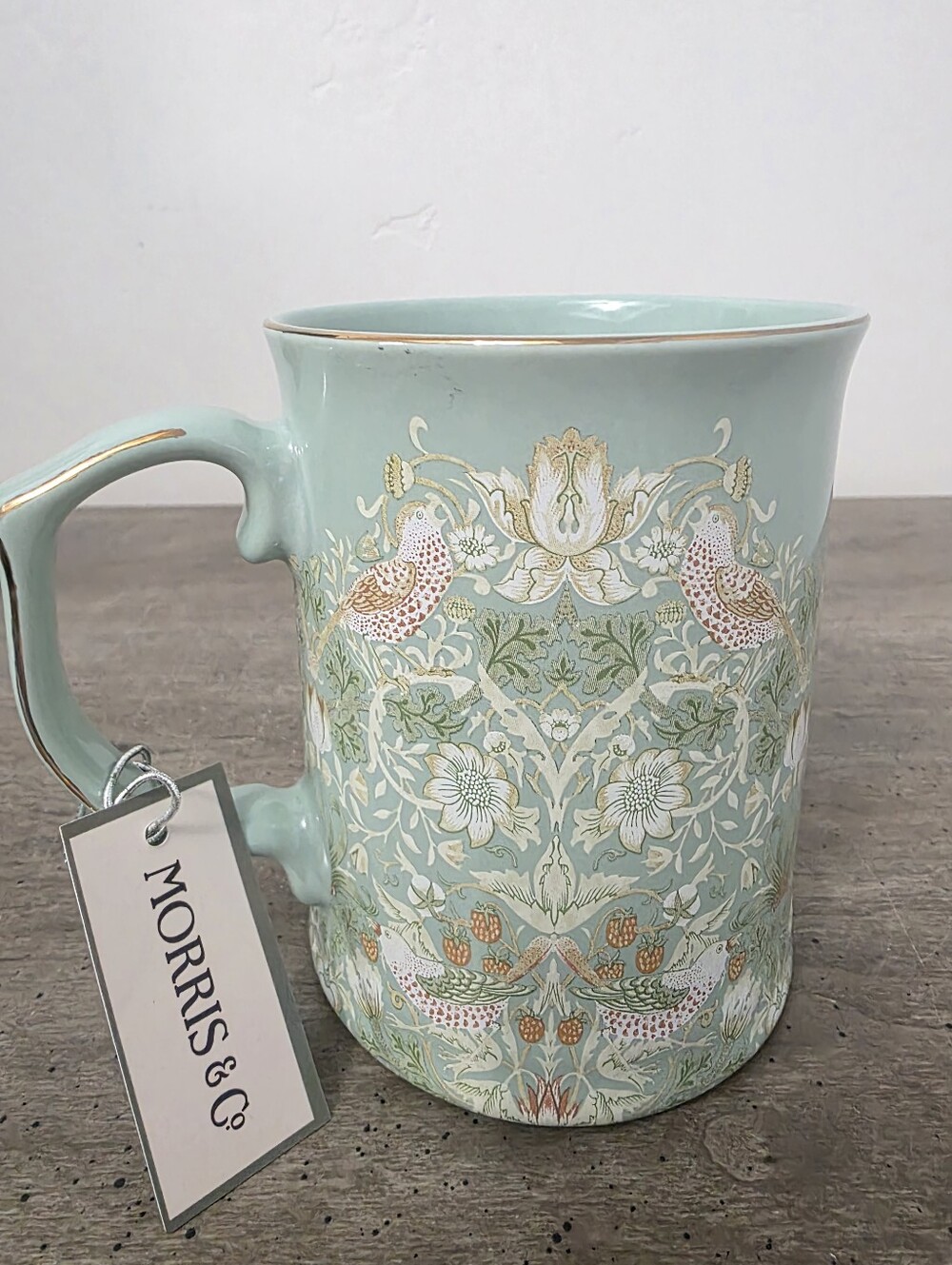 William Morris & Co Green Floral Strawberry Thief Gold Rim Porcelain Mug New